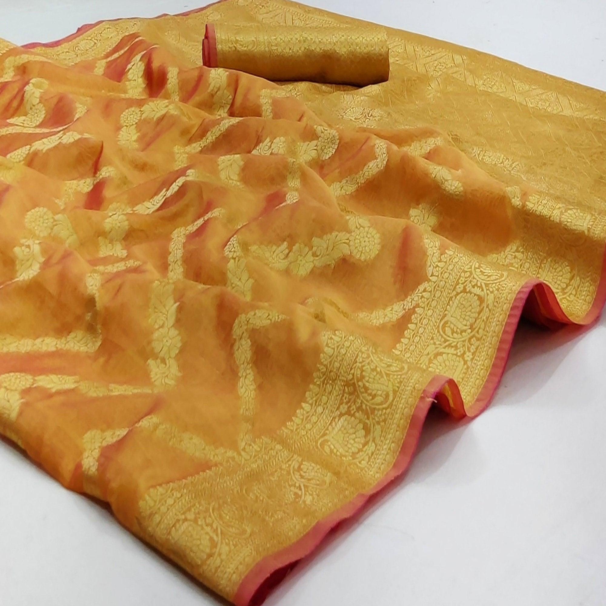 Yellow Festive Wear Floral Woven Soft Organza Saree - Peachmode