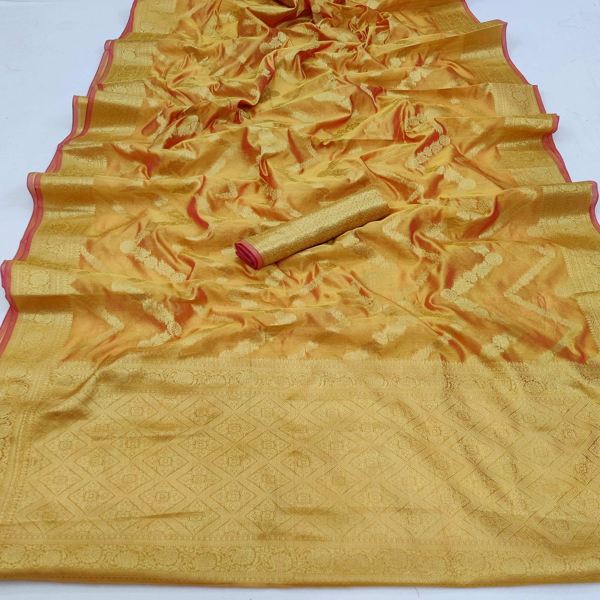 Yellow Festive Wear Floral Woven Soft Organza Saree - Peachmode
