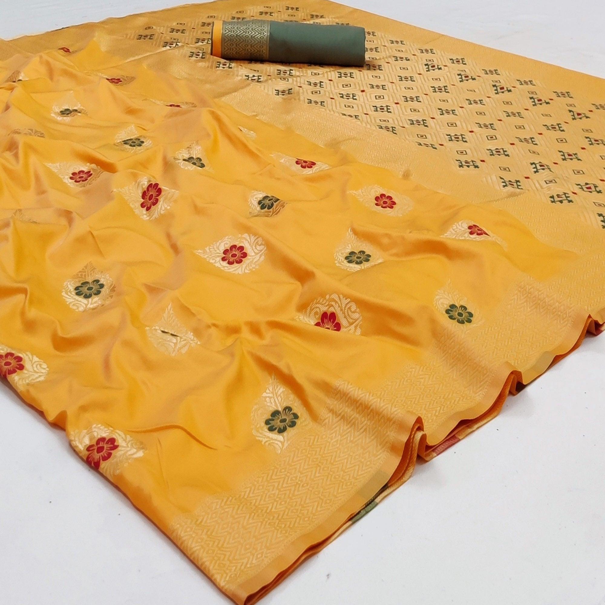 Yellow Festive Wear Floral Woven Soft Silk Banarasi Saree - Peachmode