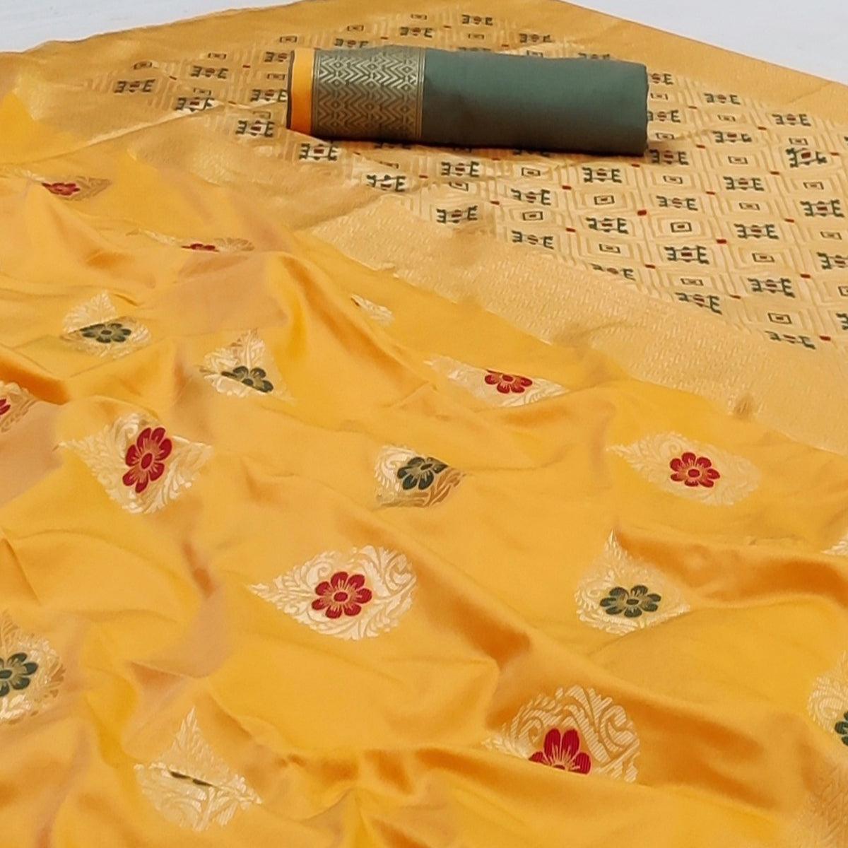 Yellow Festive Wear Floral Woven Soft Silk Banarasi Saree - Peachmode