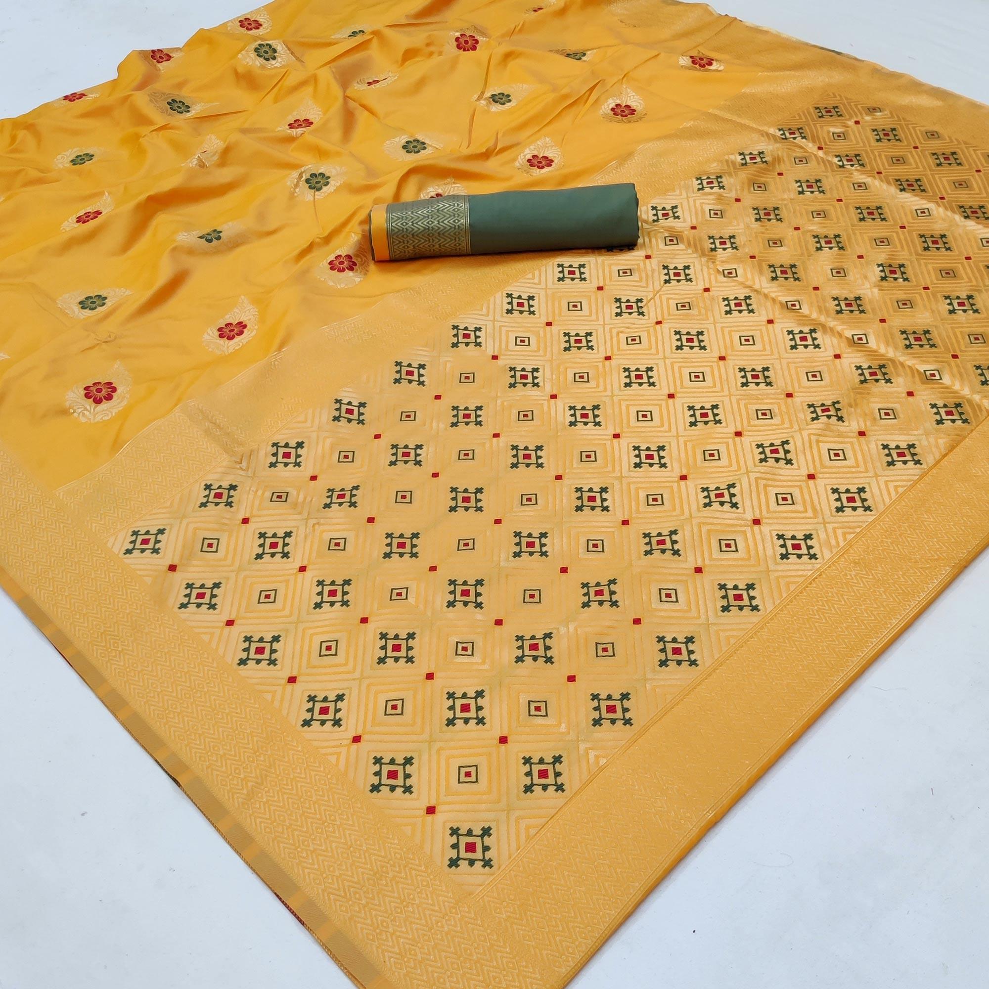 Yellow Festive Wear Floral Woven Soft Silk Banarasi Saree - Peachmode