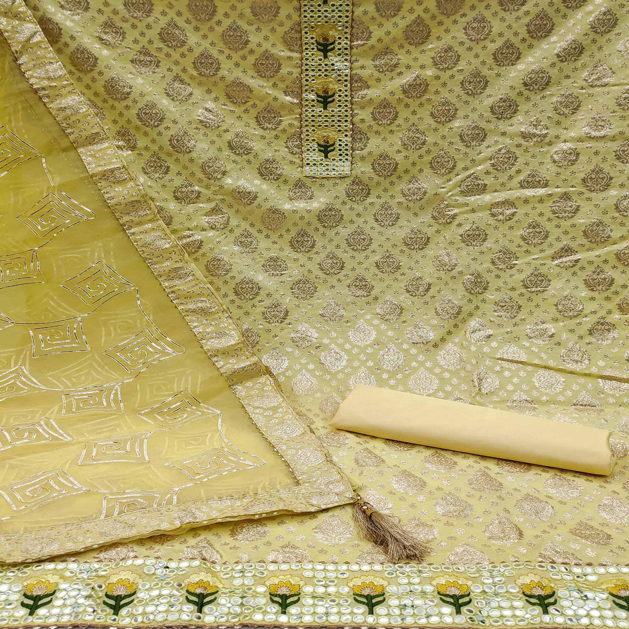 Yellow Festive Wear Foil Printed Chanderi Dress Material - Peachmode