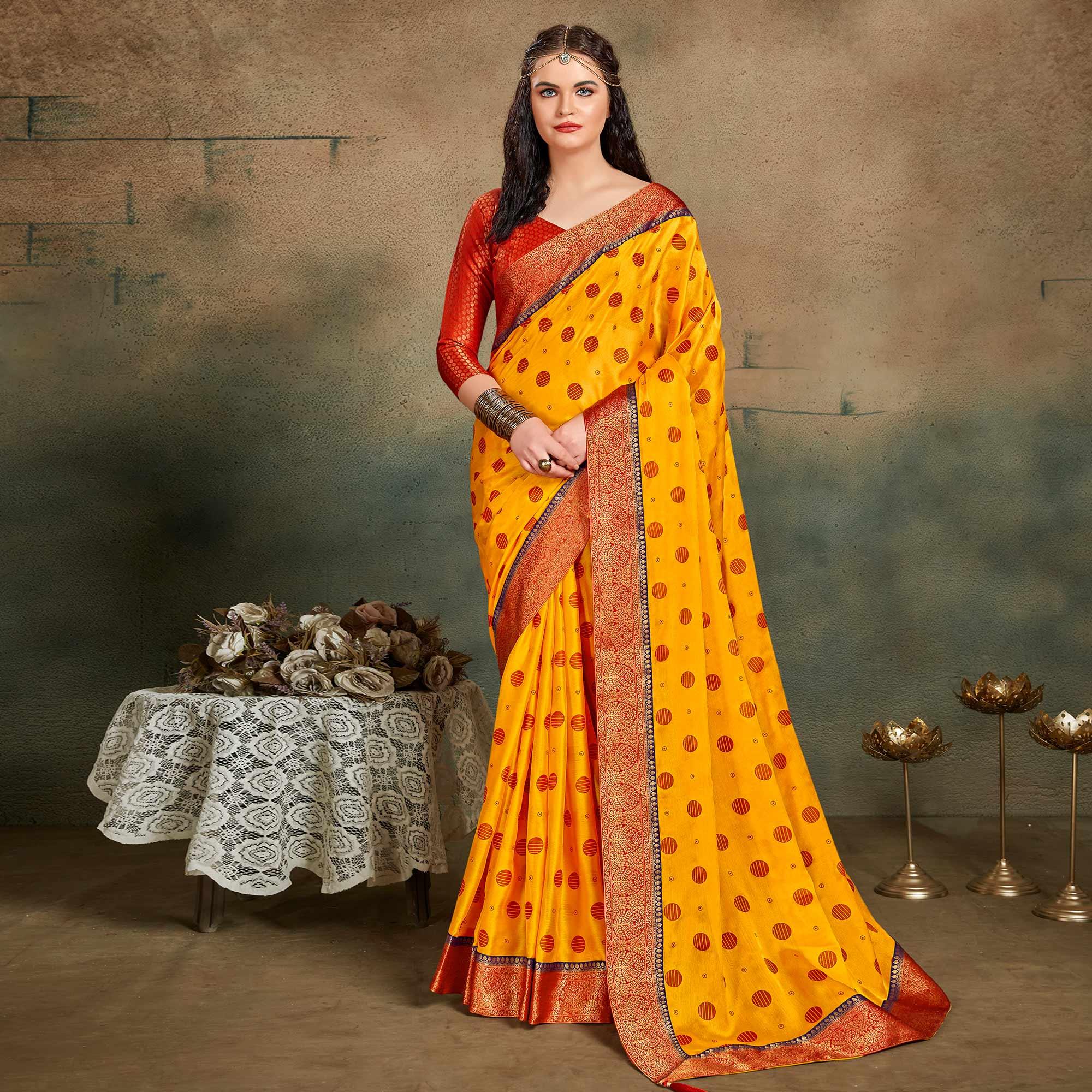 Yellow Festive Wear Foil Work Chiffon Saree With Banarasi Border - Peachmode