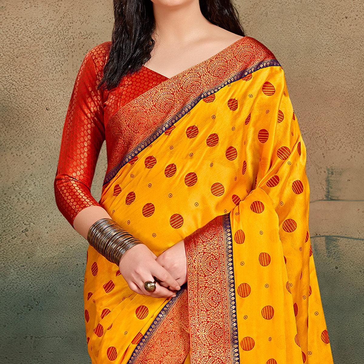 Yellow Festive Wear Foil Work Chiffon Saree With Banarasi Border - Peachmode