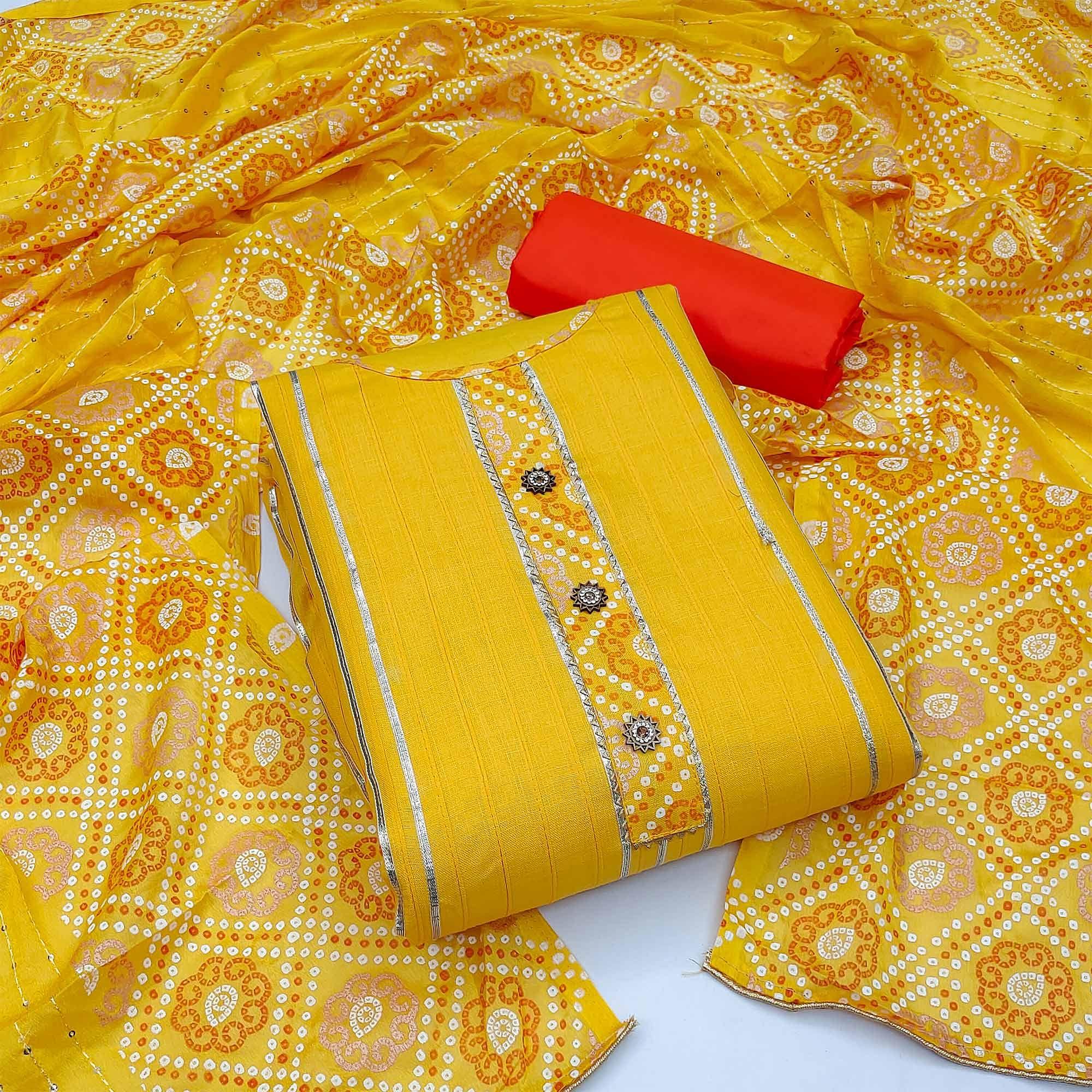 Yellow Festive Wear Gotta Patti With Bandhani Printed Cotton Dress Material - Peachmode