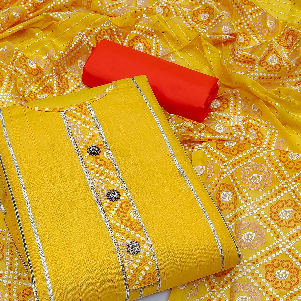 Yellow Festive Wear Gotta Patti With Bandhani Printed Cotton Dress Material - Peachmode