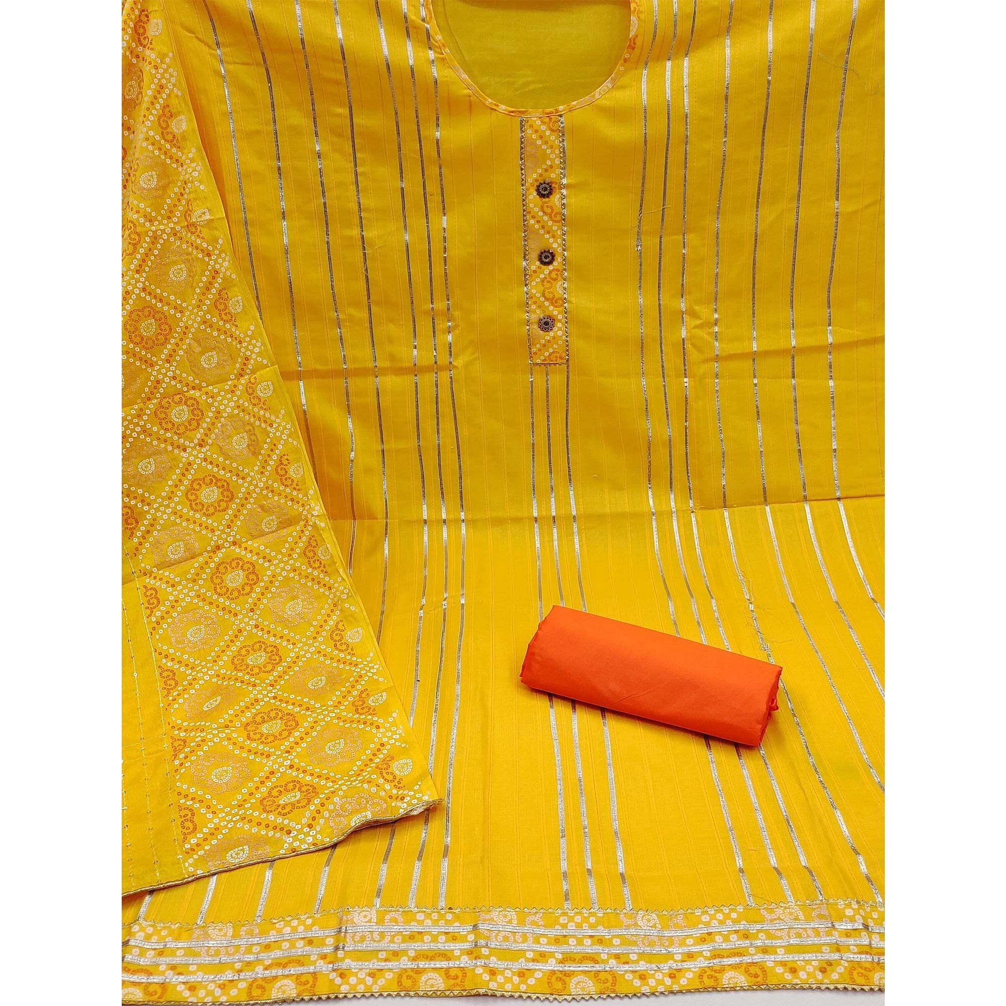 Yellow Festive Wear Gotta Patti With Bandhani Printed Cotton Dress Material - Peachmode