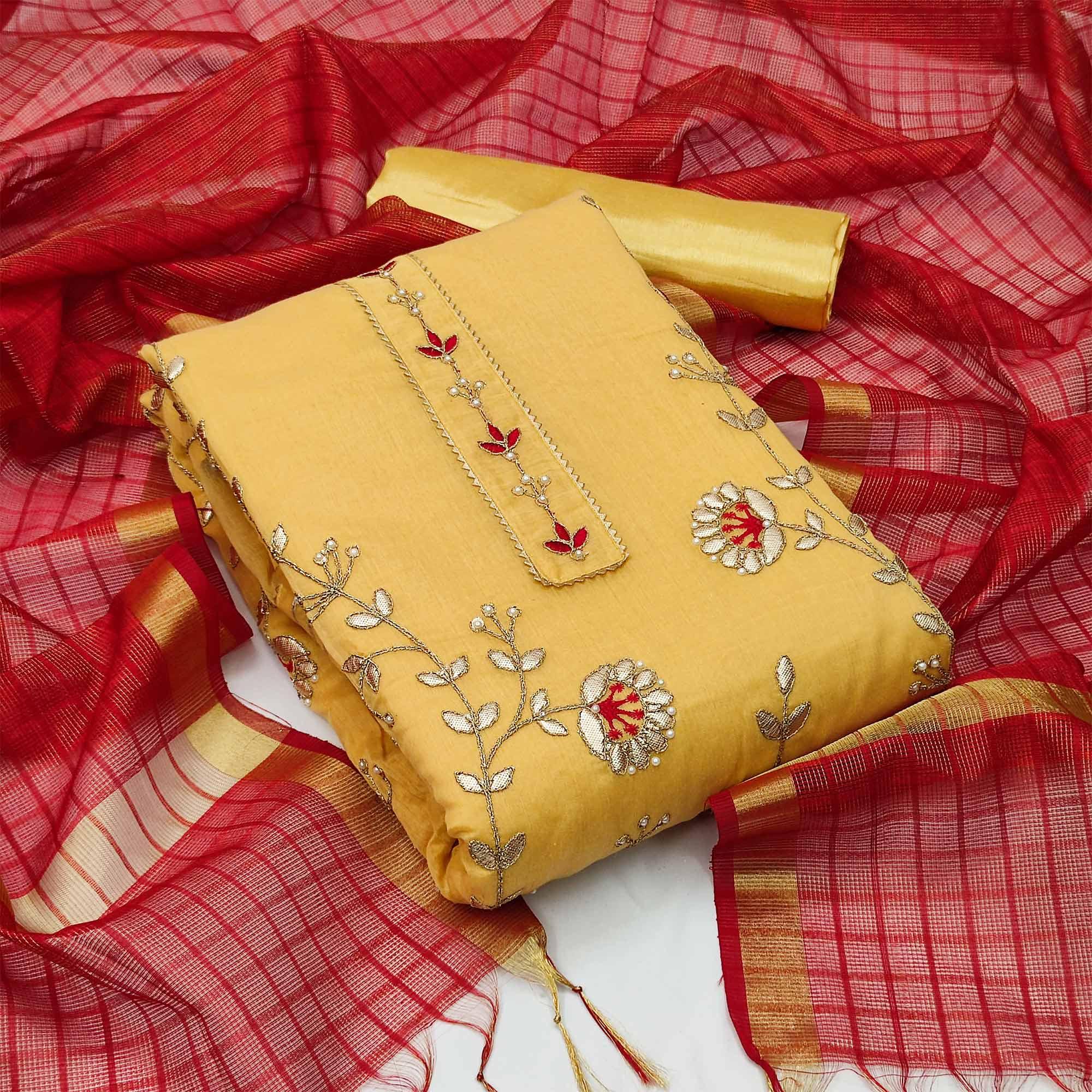Yellow Festive Wear Hand Butta Work Modal Chanderi Dress Material - Peachmode