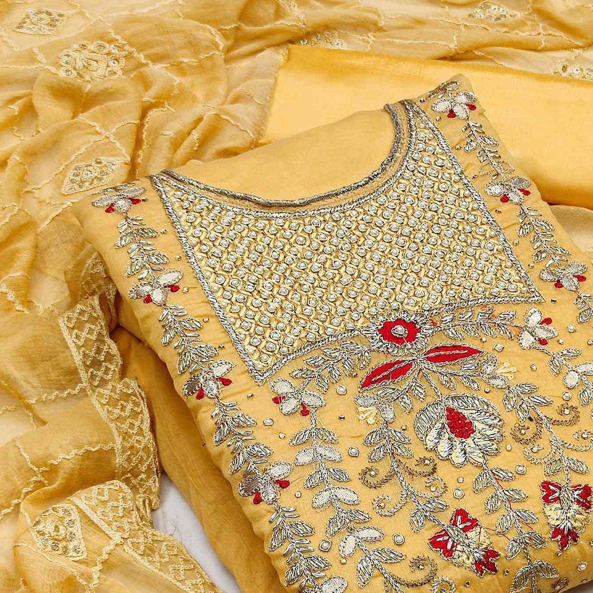 Yellow Festive Wear Hand Work Modal Chanderi Dress Material - Peachmode