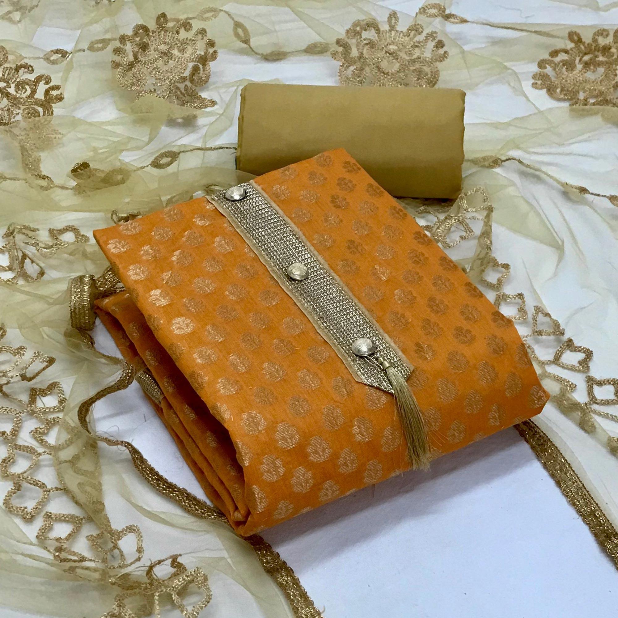 Yellow Festive Wear Jacquard Banarasi Silk Dress Material - Peachmode