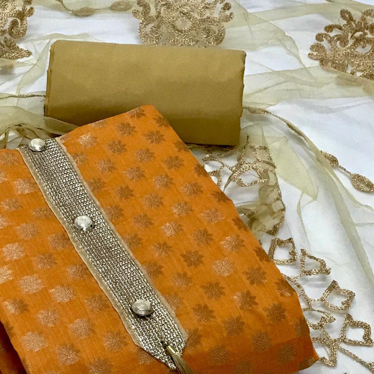 Yellow Festive Wear Jacquard Banarasi Silk Dress Material - Peachmode
