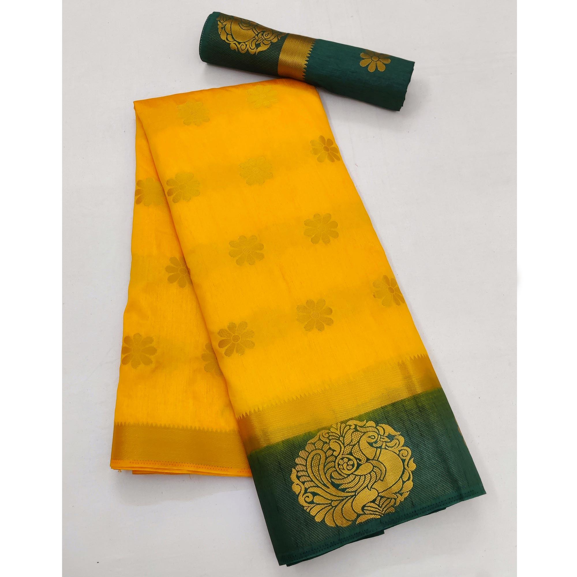 Yellow Festive Wear Jacquard Border Soft Silk Saree - Peachmode