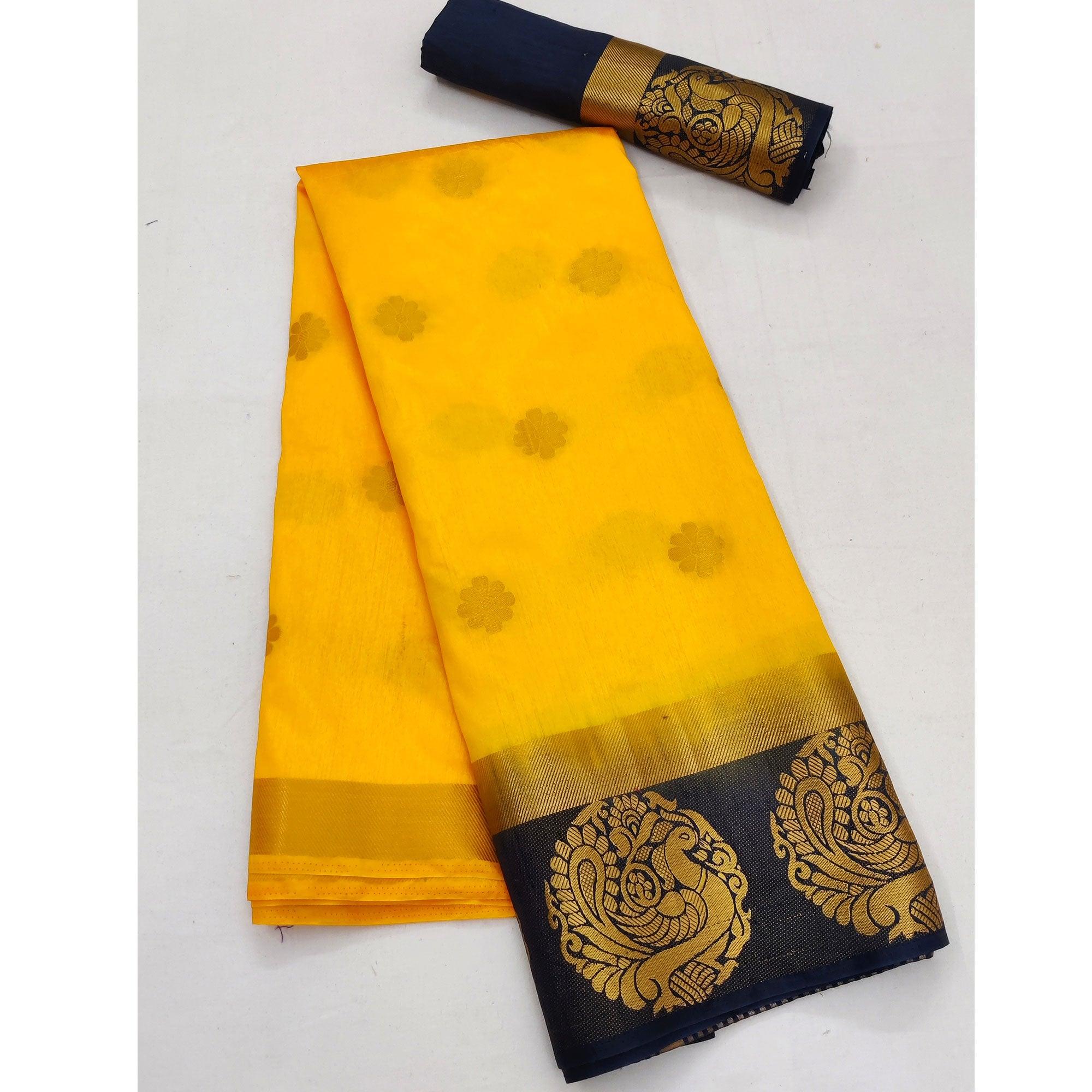 Yellow Festive Wear Jacquard Border Soft Silk Saree - Peachmode