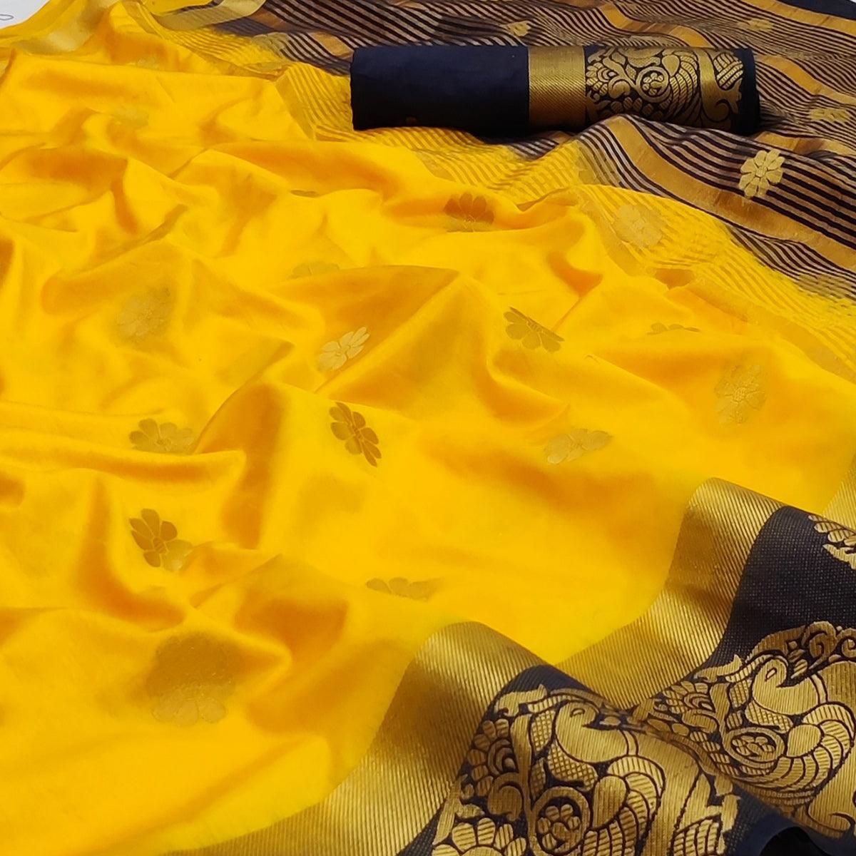 Yellow Festive Wear Jacquard Border Soft Silk Saree - Peachmode