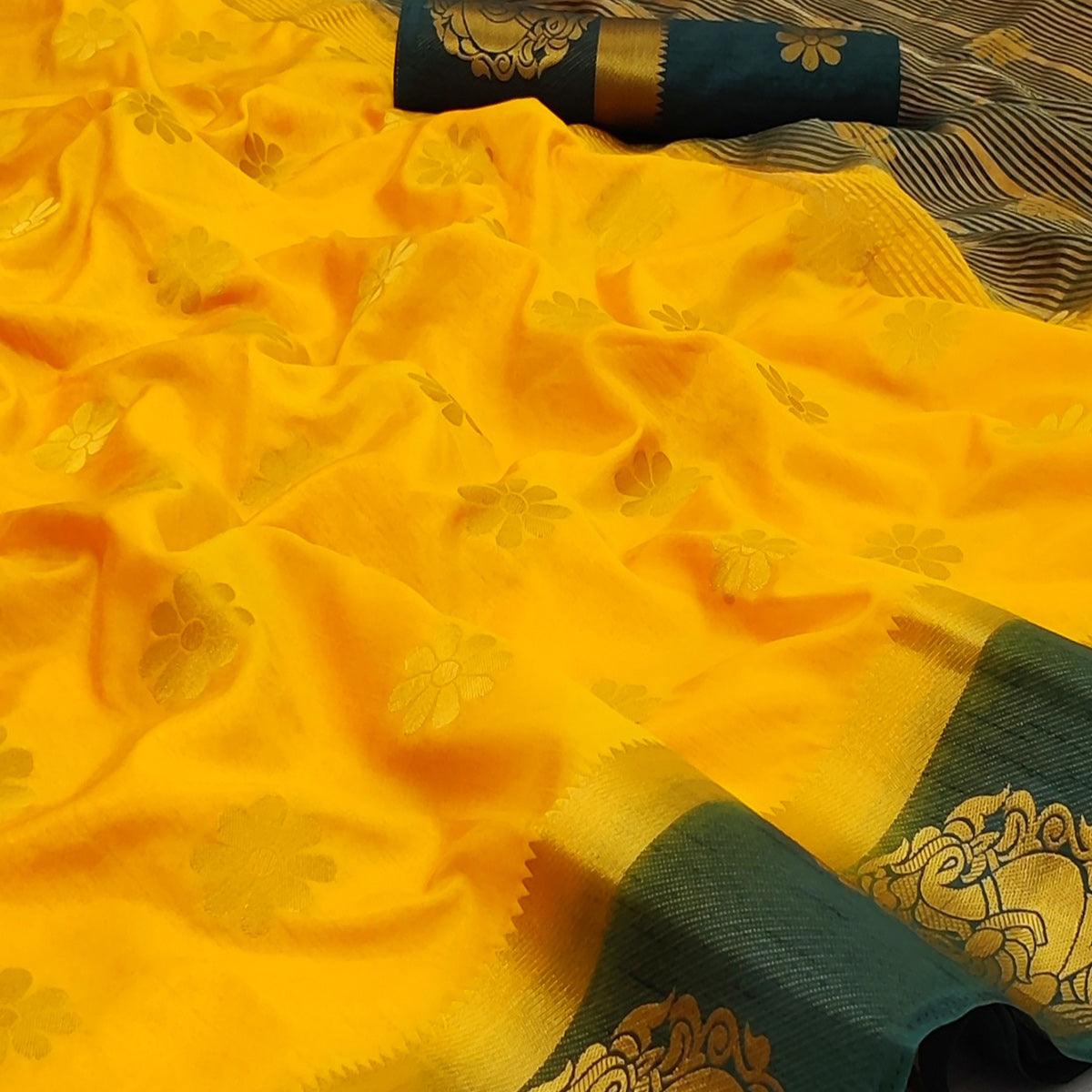 Yellow Festive Wear Jacquard Border Soft Silk Saree - Peachmode