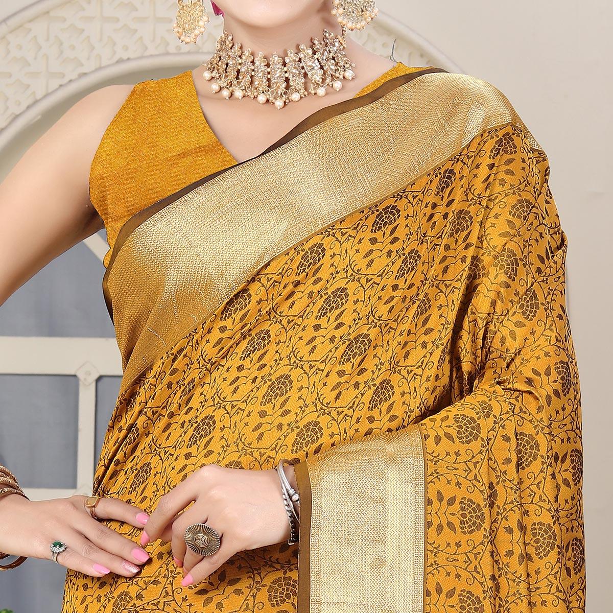 Yellow Festive Wear Jacquard Border Soft Silk Saree - Peachmode