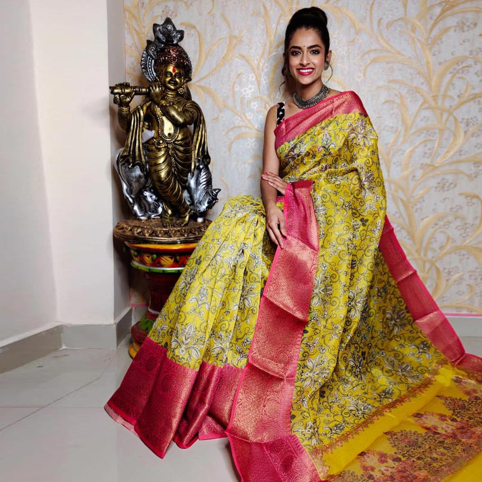 Yellow Festive Wear Kalamkari Printed Chanderi Silk Saree With Zari Weaving Border - Peachmode
