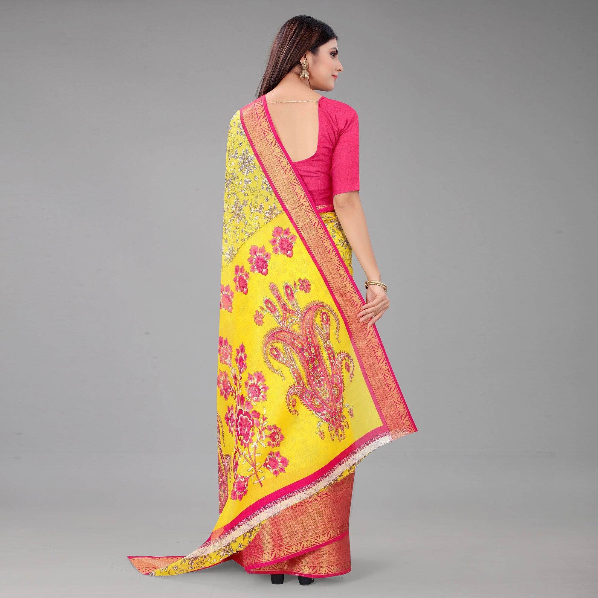 Yellow Festive Wear Kalamkari Printed Chanderi Silk Saree With Zari Weaving Border - Peachmode