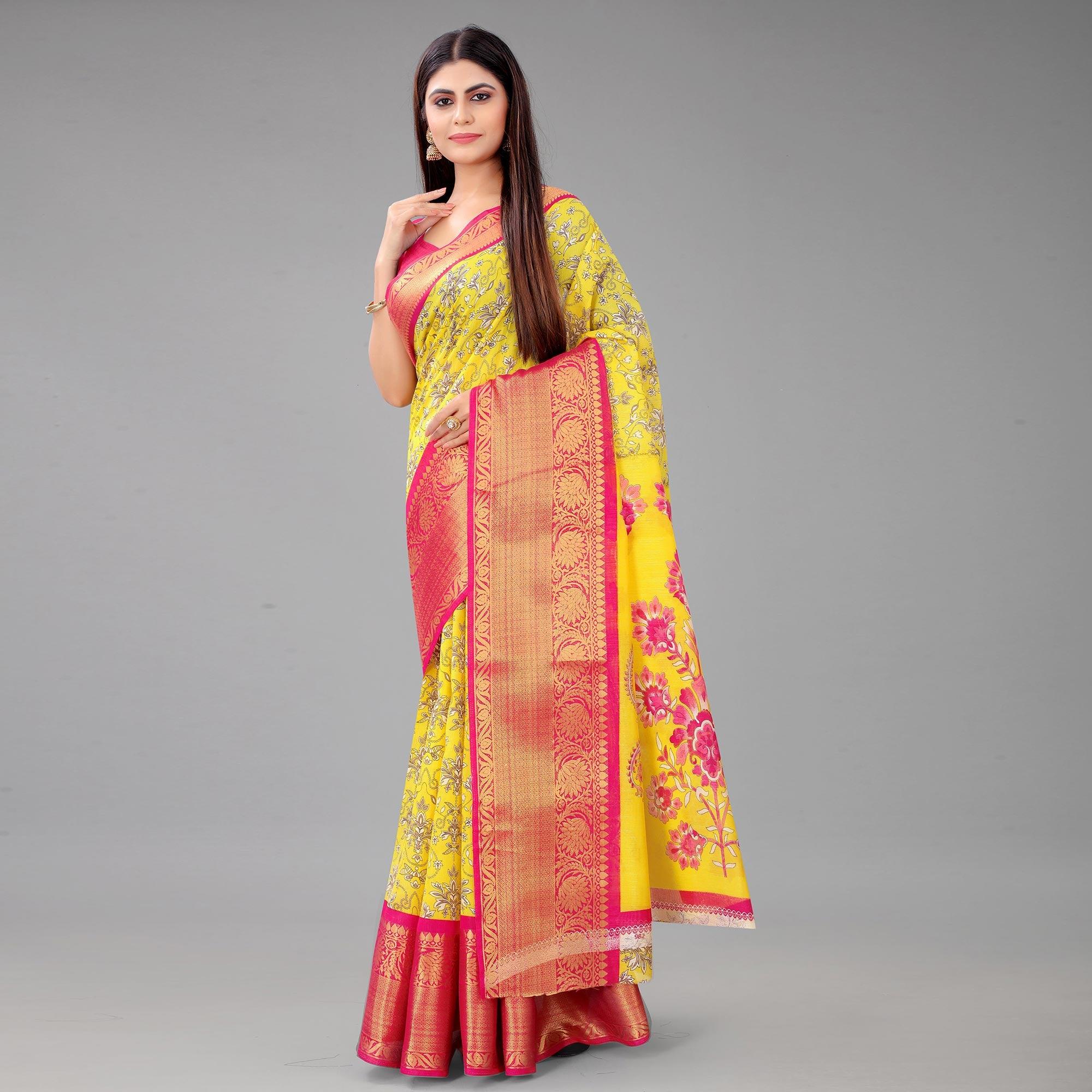 Yellow Festive Wear Kalamkari Printed Chanderi Silk Saree With Zari Weaving Border - Peachmode