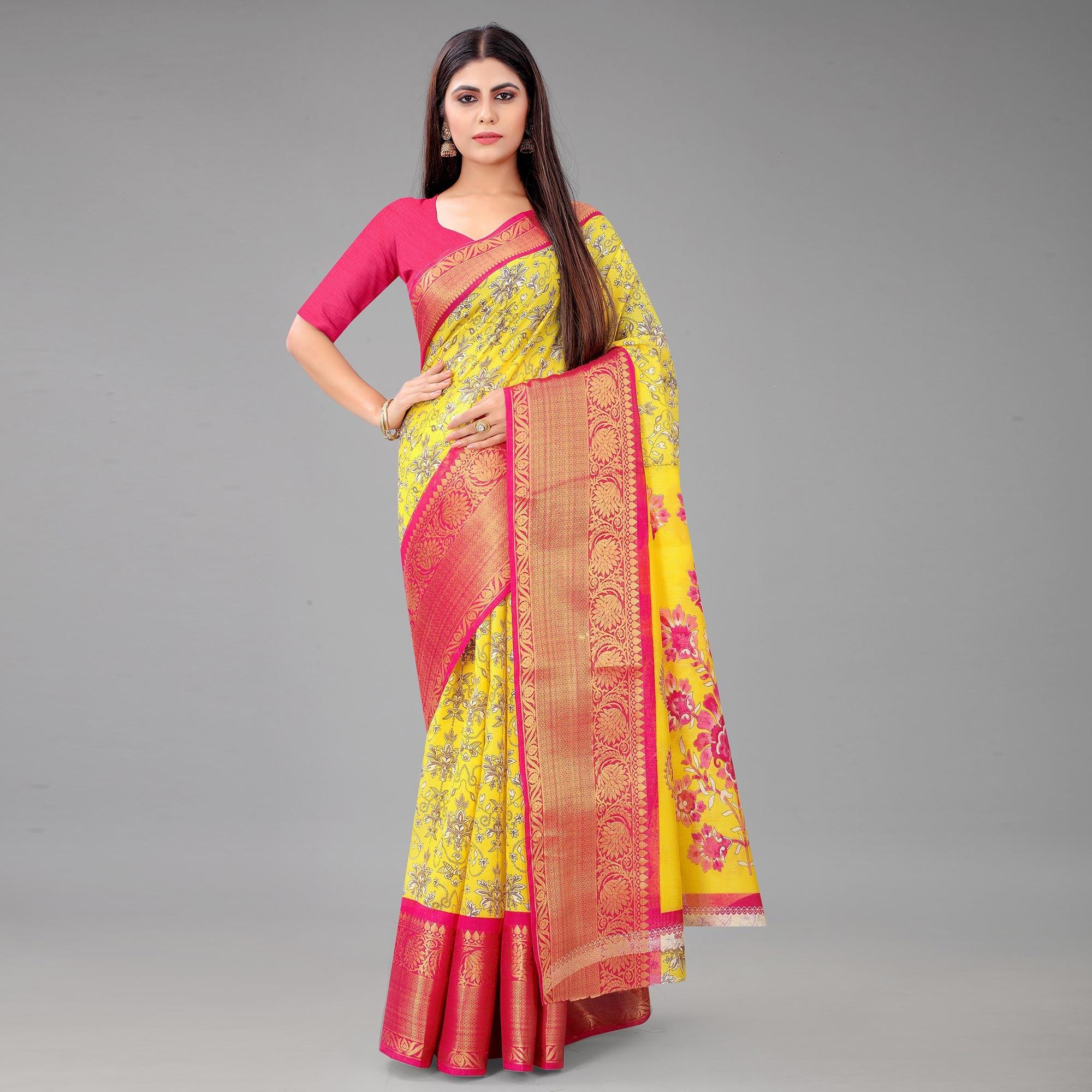 Yellow Festive Wear Kalamkari Printed Chanderi Silk Saree With Zari Weaving Border - Peachmode