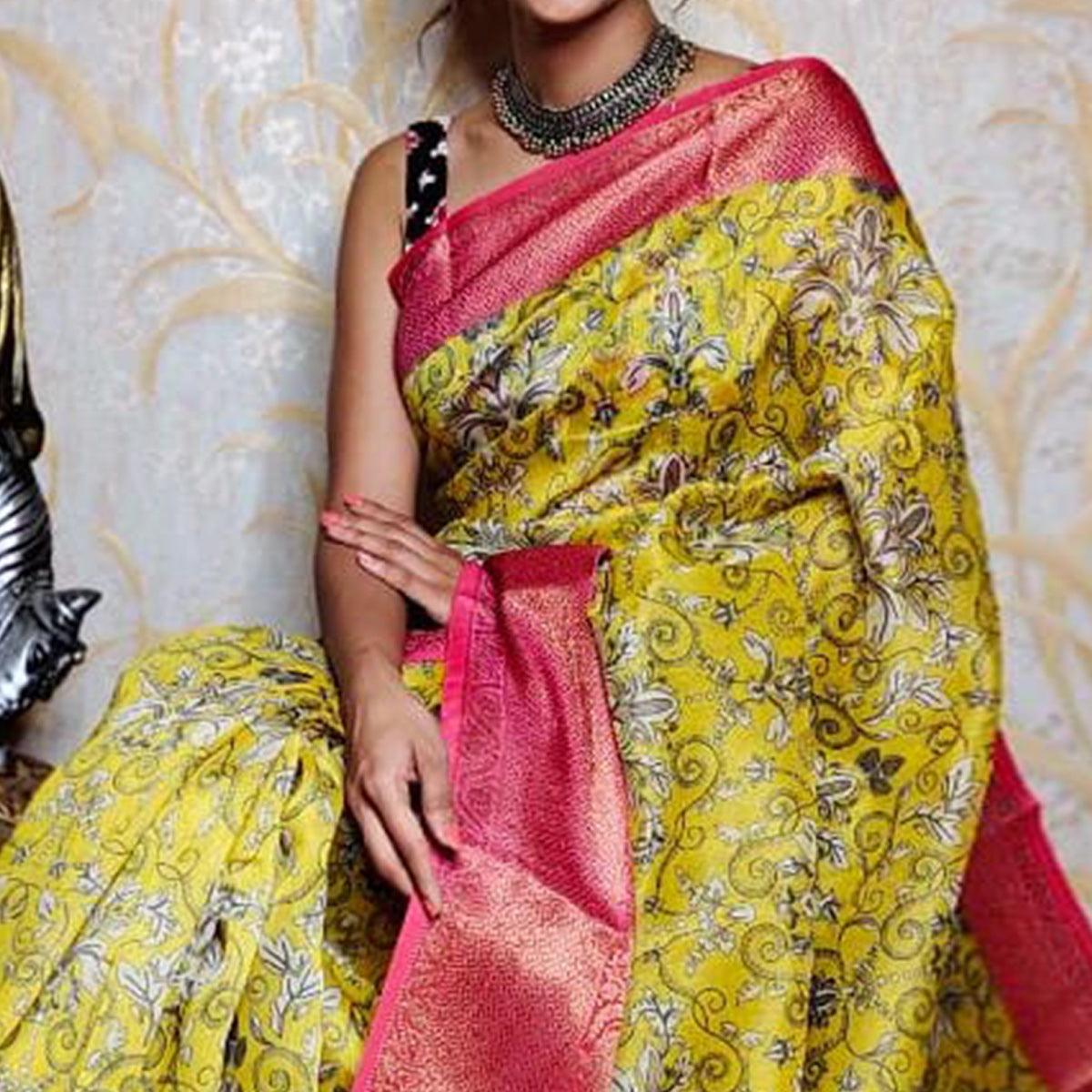 Yellow Festive Wear Kalamkari Printed Chanderi Silk Saree With Zari Weaving Border - Peachmode