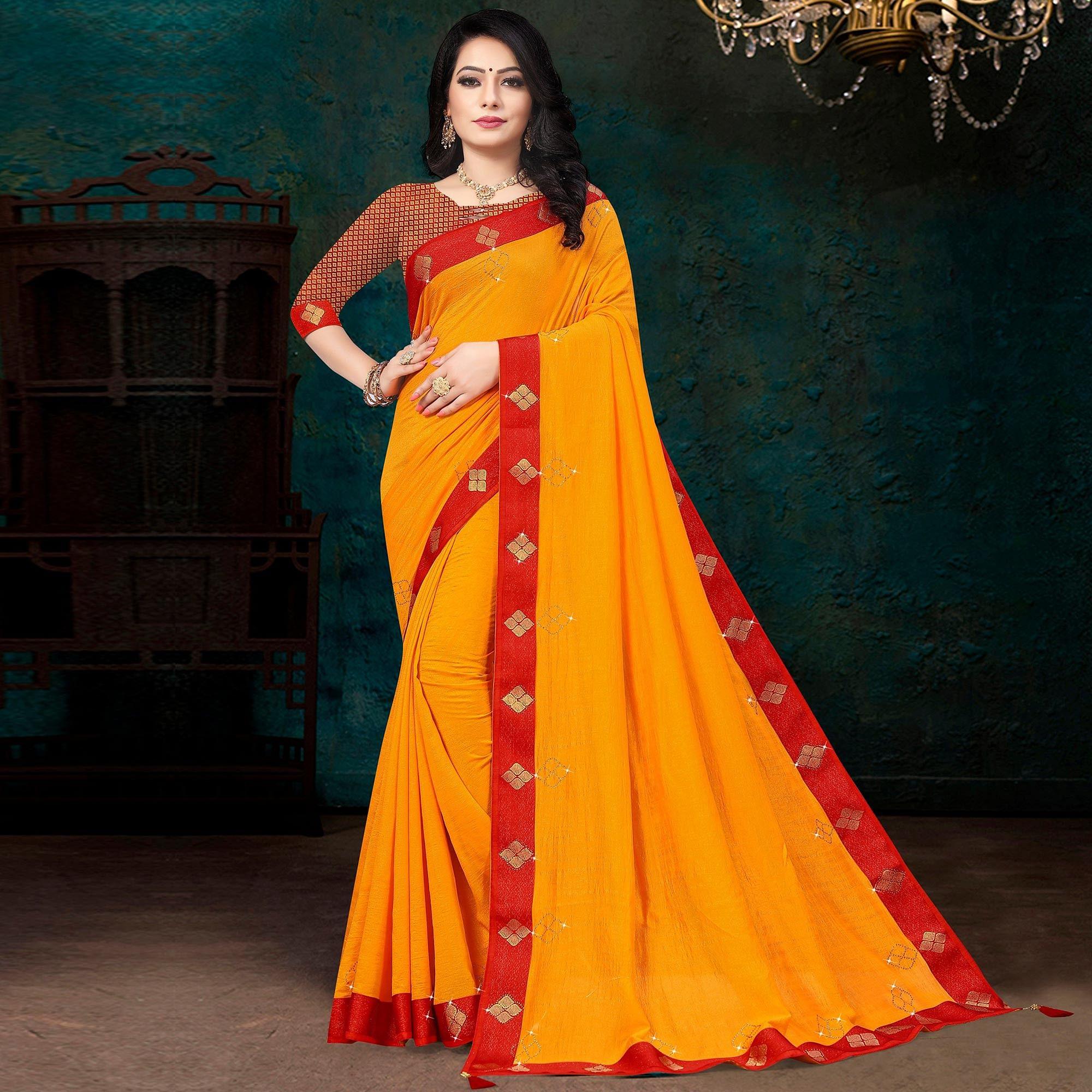 Yellow Festive Wear Lace With Stone Work Silk Designer Saree - Peachmode