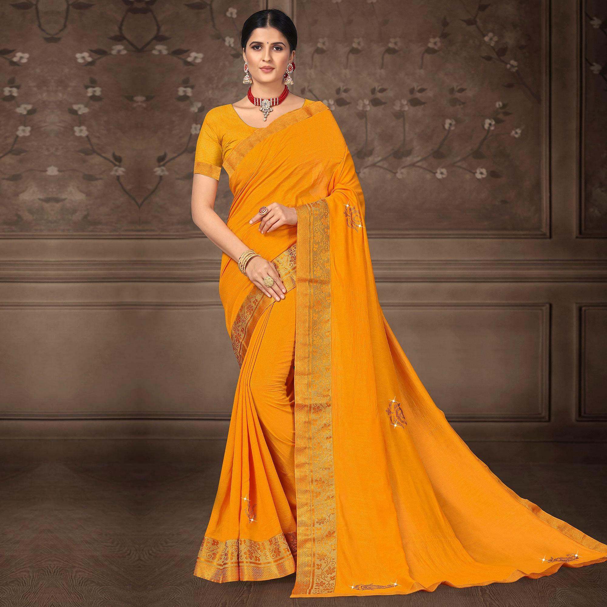 Yellow Festive Wear Lace Work Silk Saree - Peachmode