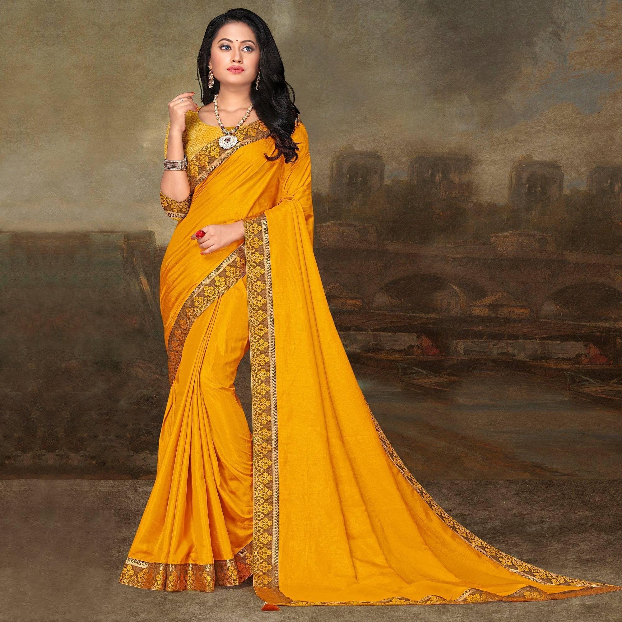 Yellow Festive Wear Lace Work Silk Saree - Peachmode