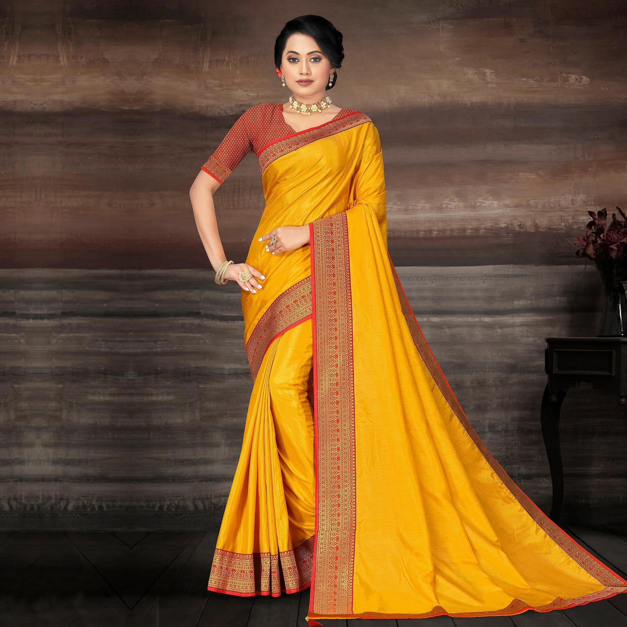Yellow Festive Wear Lace Work Silk Saree - Peachmode