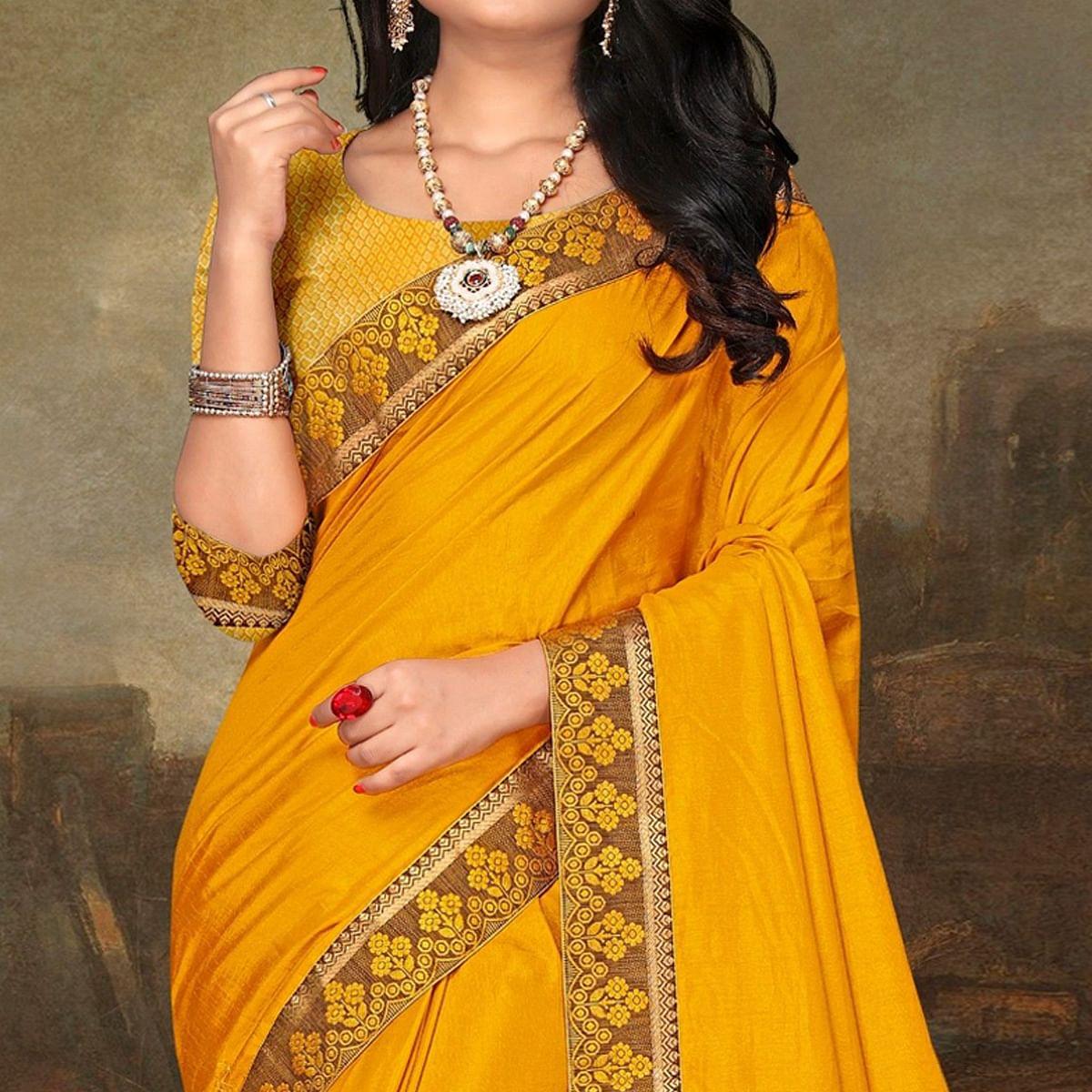 Yellow Festive Wear Lace Work Silk Saree - Peachmode