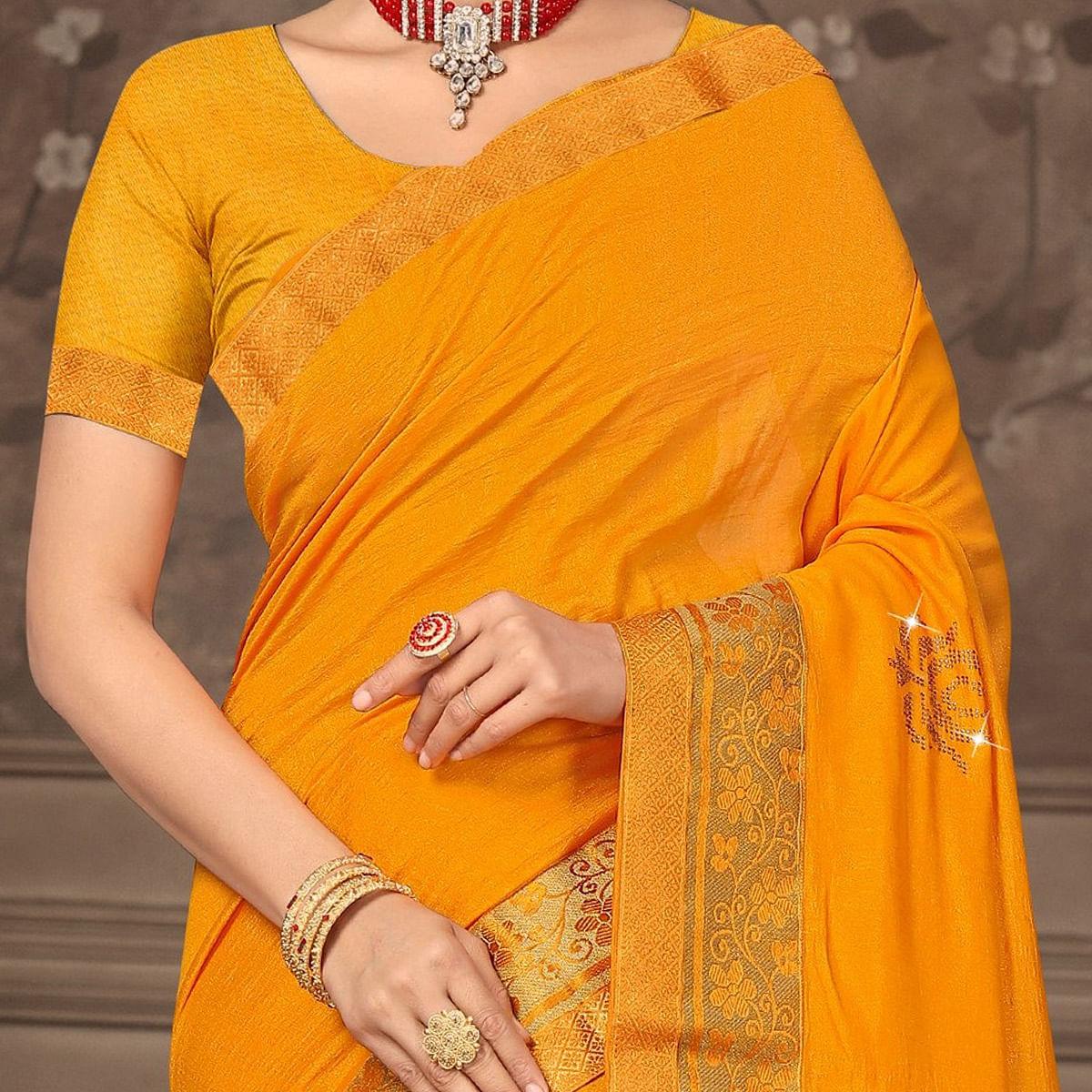 Yellow Festive Wear Lace Work Silk Saree - Peachmode