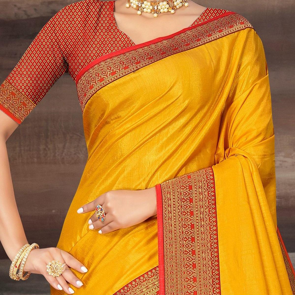Yellow Festive Wear Lace Work Silk Saree - Peachmode
