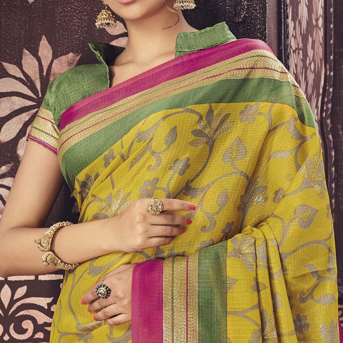 Yellow Festive Wear Printed Bhagalpuri Silk Saree - Peachmode
