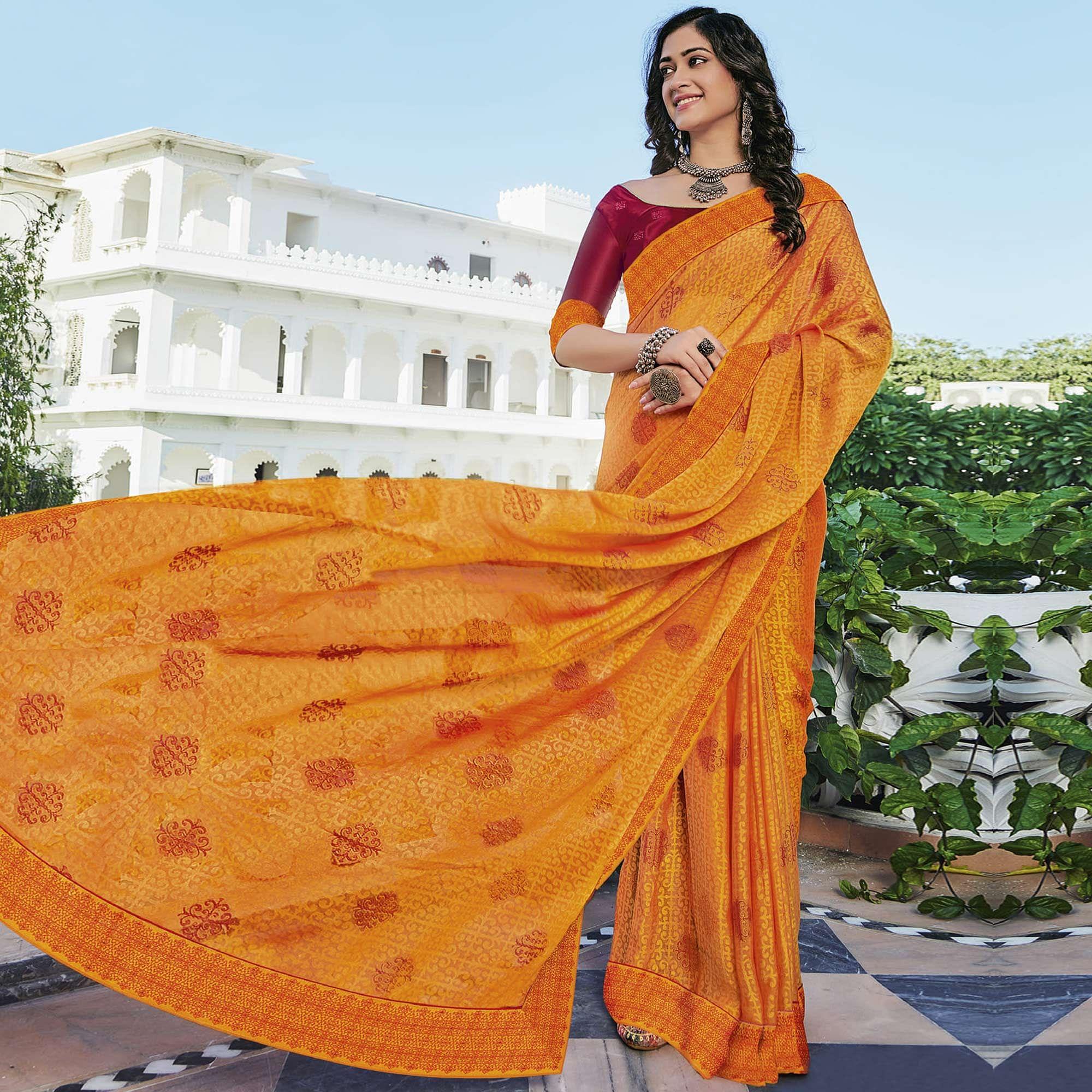 Yellow Festive Wear Printed Brasso Saree - Peachmode