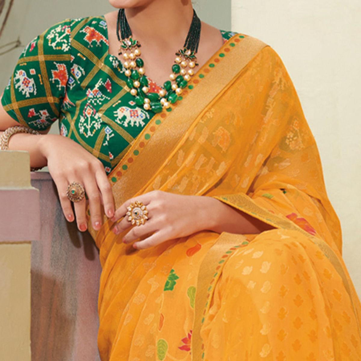 Yellow Festive Wear Printed Brasso Saree - Peachmode