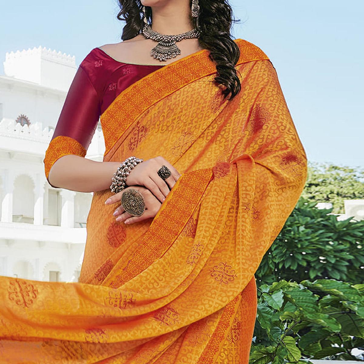 Yellow Festive Wear Printed Brasso Saree - Peachmode