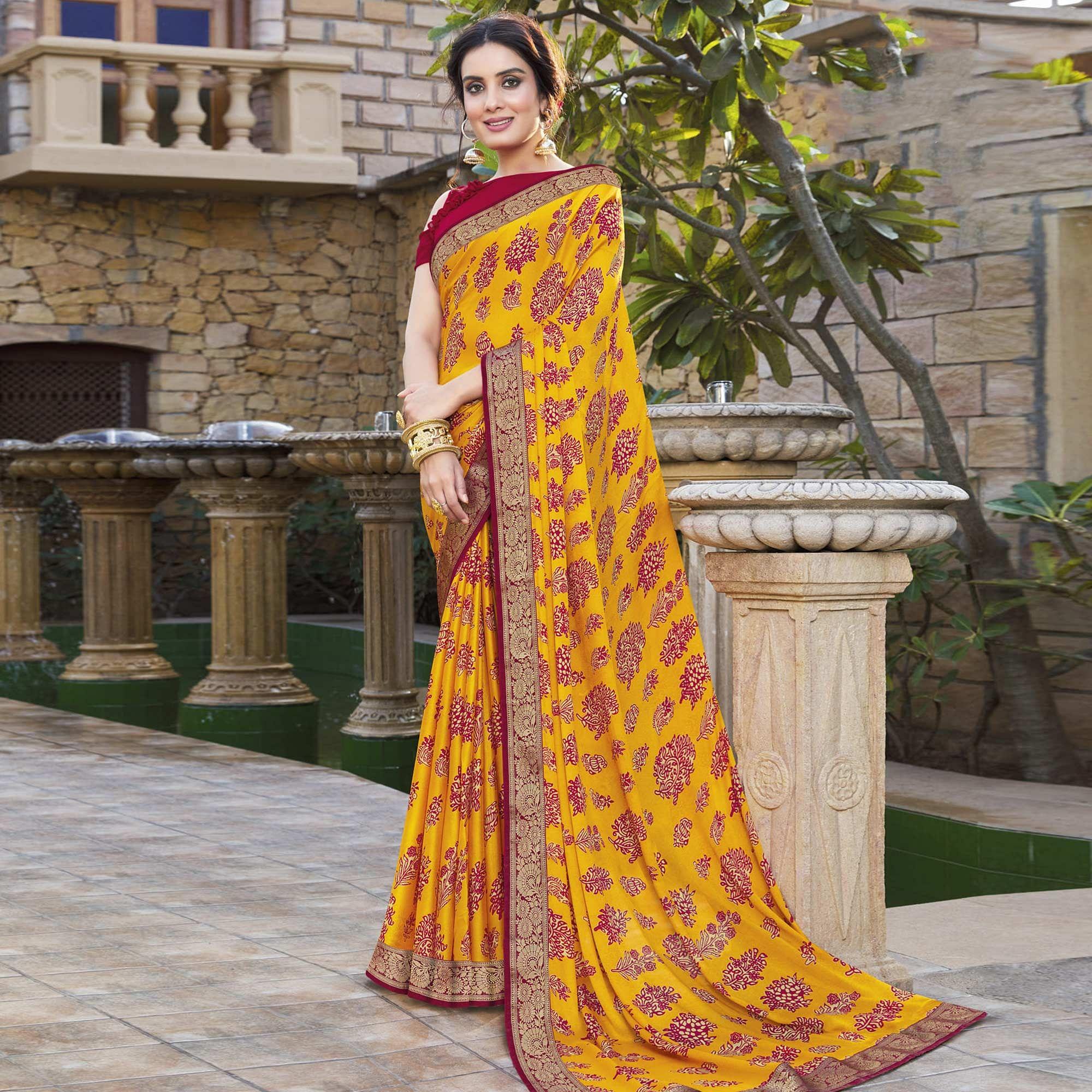 Yellow Festive Wear Printed Chiffon Saree - Peachmode