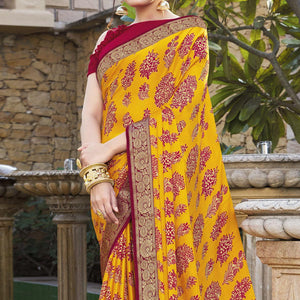Yellow Festive Wear Printed Chiffon Saree - Peachmode