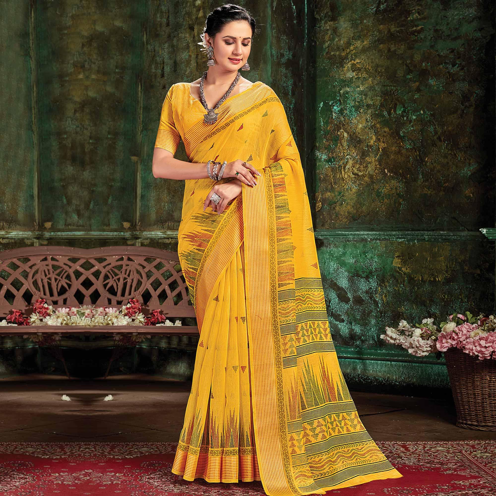 Yellow Festive Wear Printed Cotton Saree - Peachmode