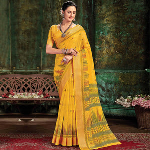 Yellow Festive Wear Printed Cotton Saree - Peachmode