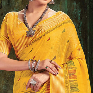 Yellow Festive Wear Printed Cotton Saree - Peachmode