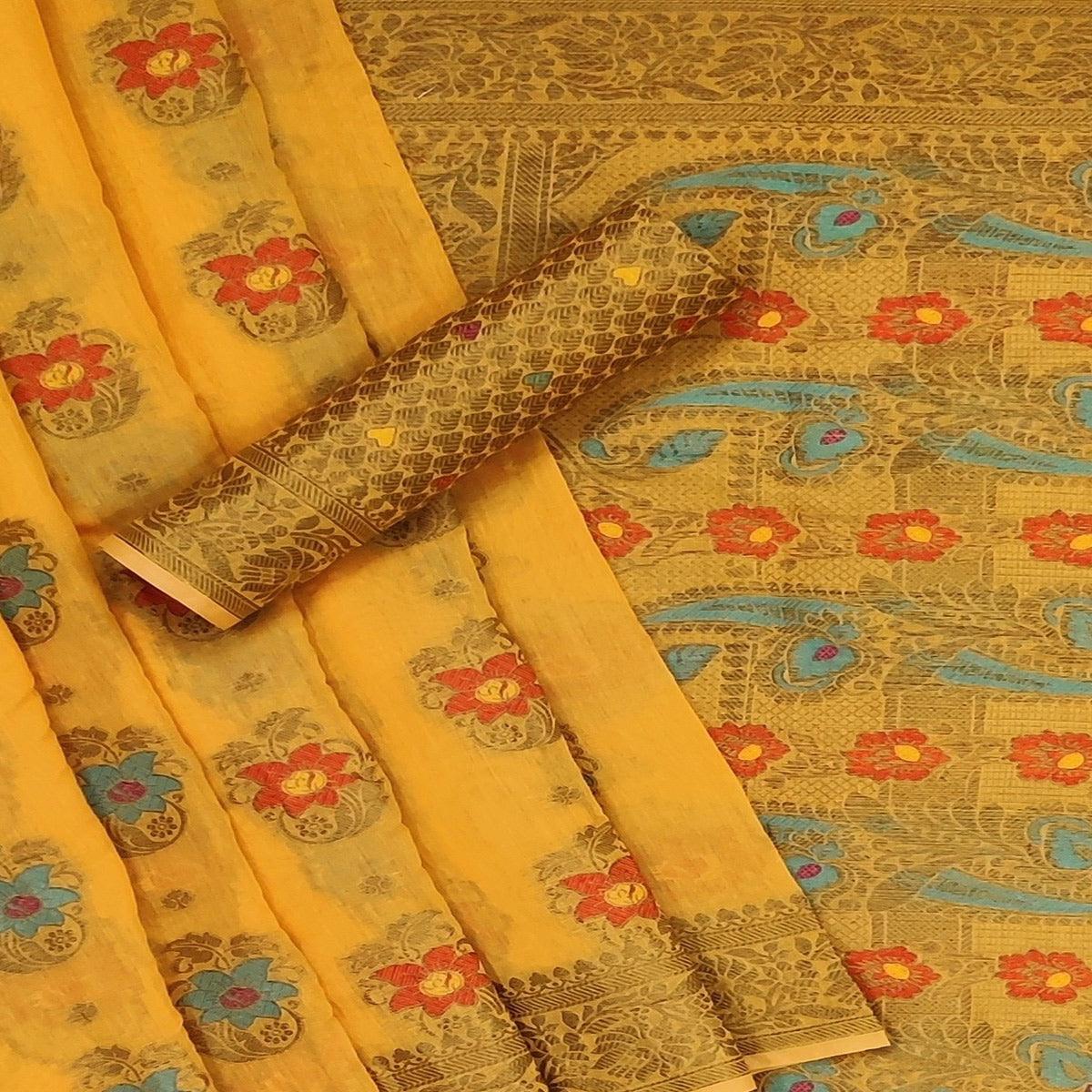 Yellow Festive Wear Printed Cotton Saree - Peachmode