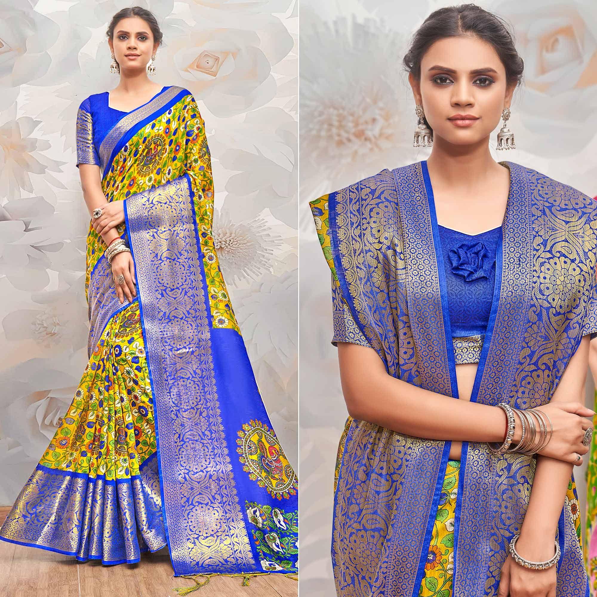 Yellow Festive Wear Printed Cotton Silk Saree - Peachmode