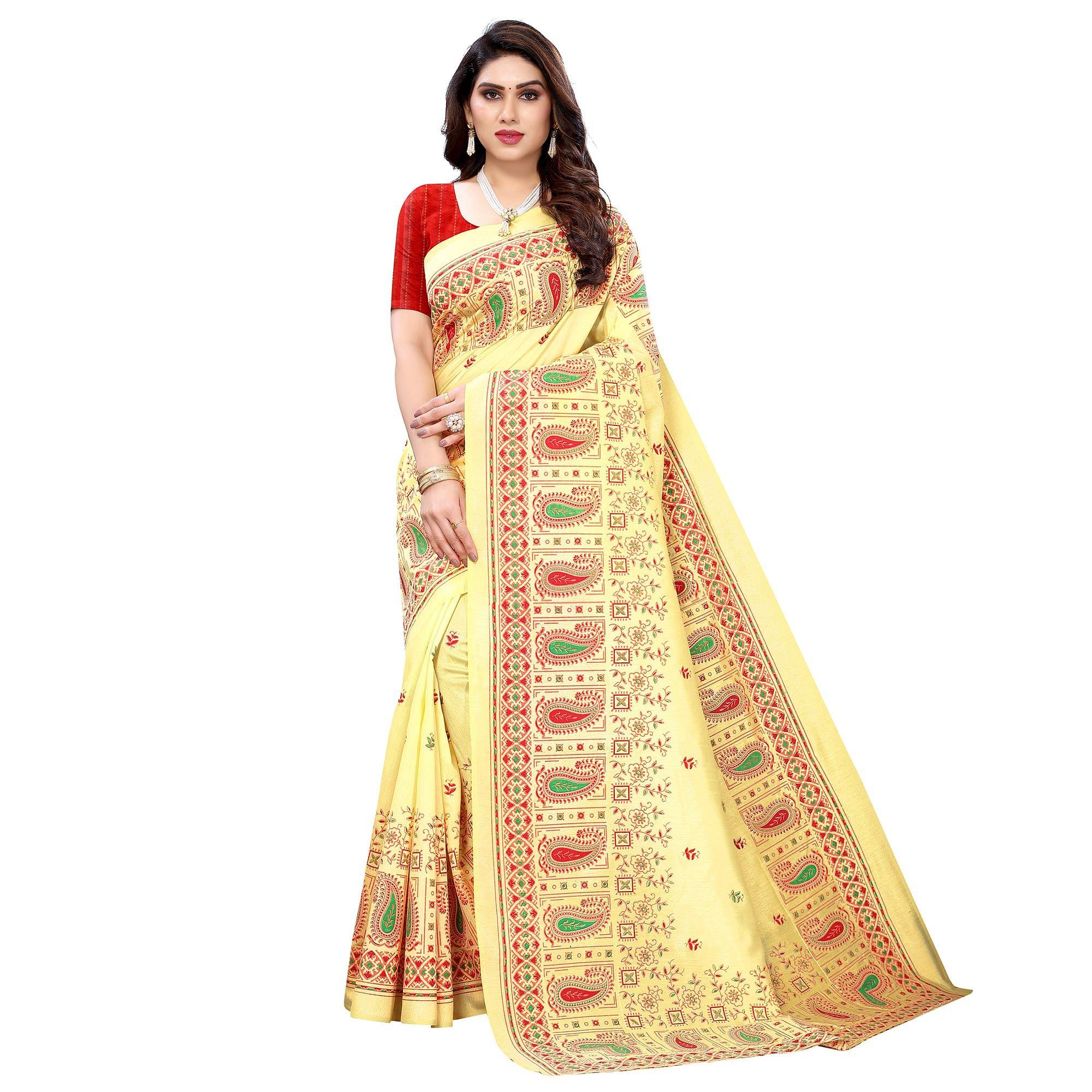 Yellow Festive Wear Printed Cotton Silk Saree - Peachmode