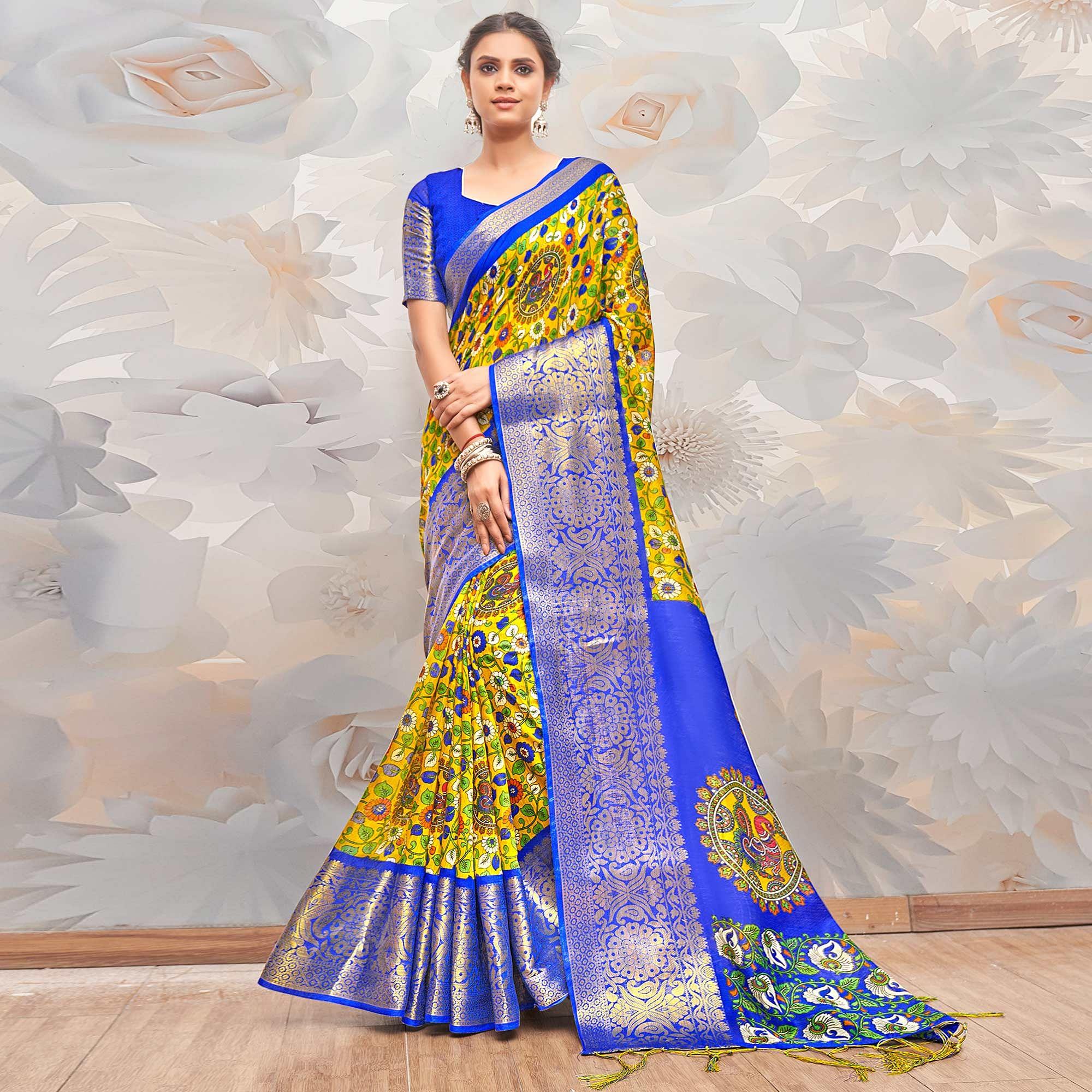 Yellow Festive Wear Printed Cotton Silk Saree - Peachmode