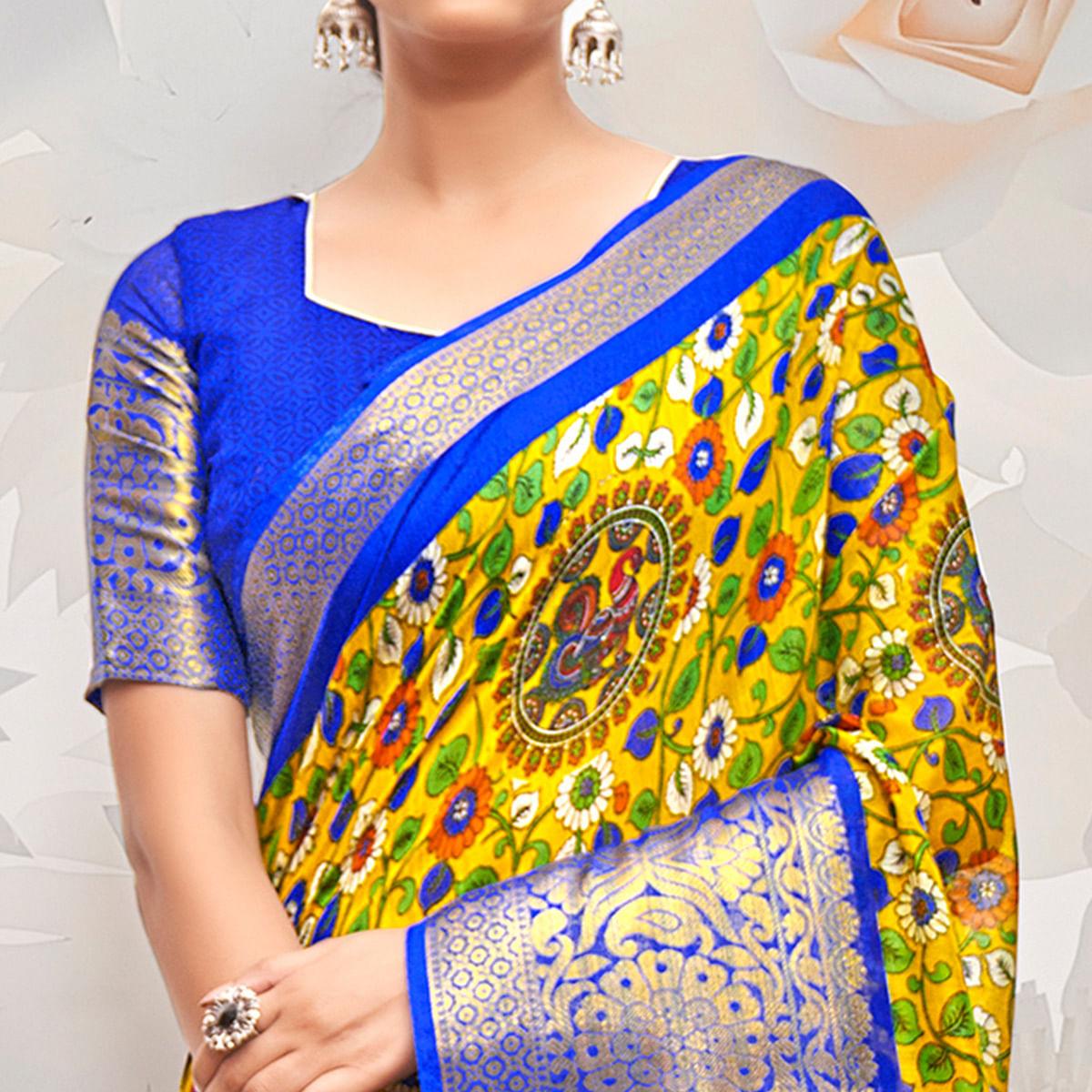 Yellow Festive Wear Printed Cotton Silk Saree - Peachmode