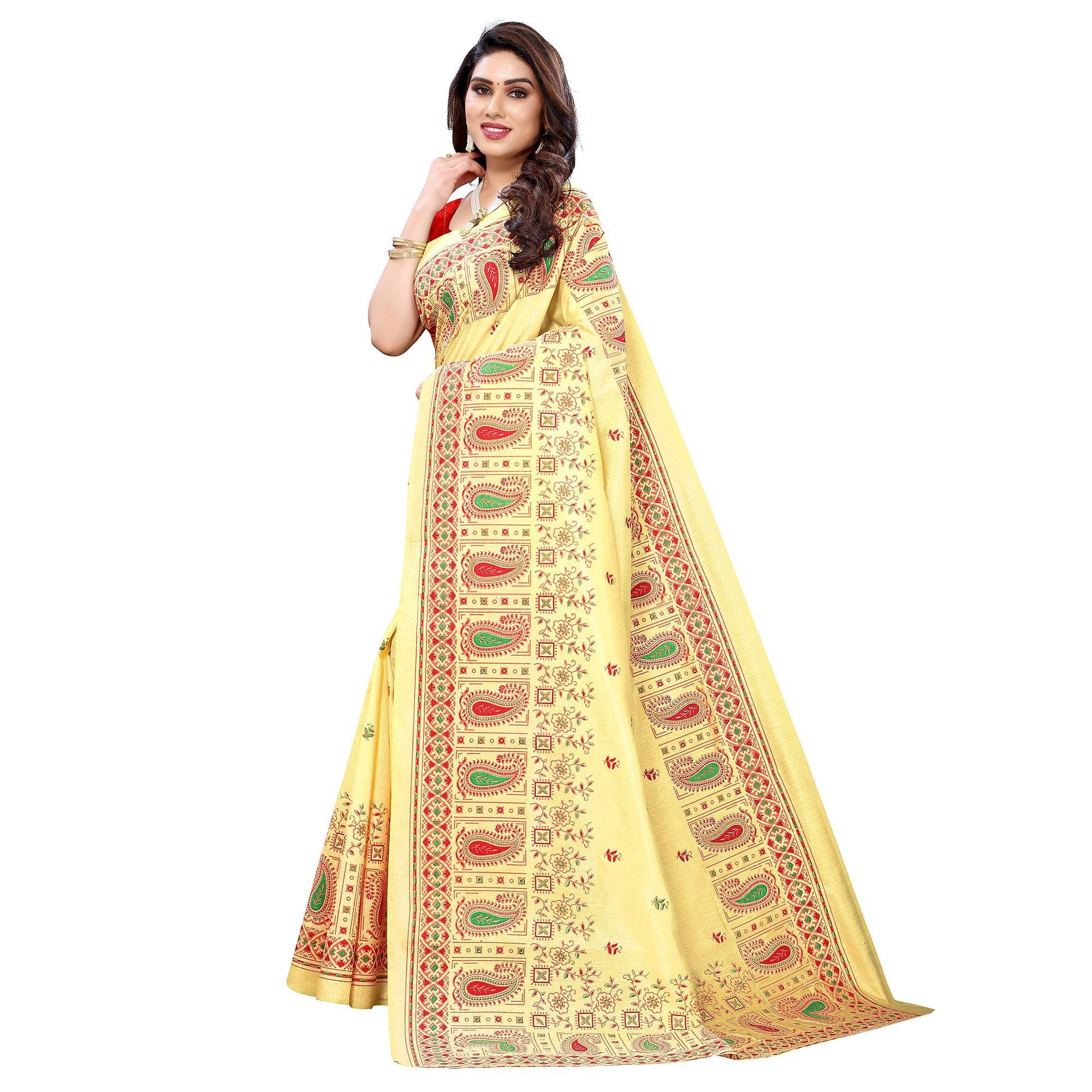 Yellow Festive Wear Printed Cotton Silk Saree - Peachmode