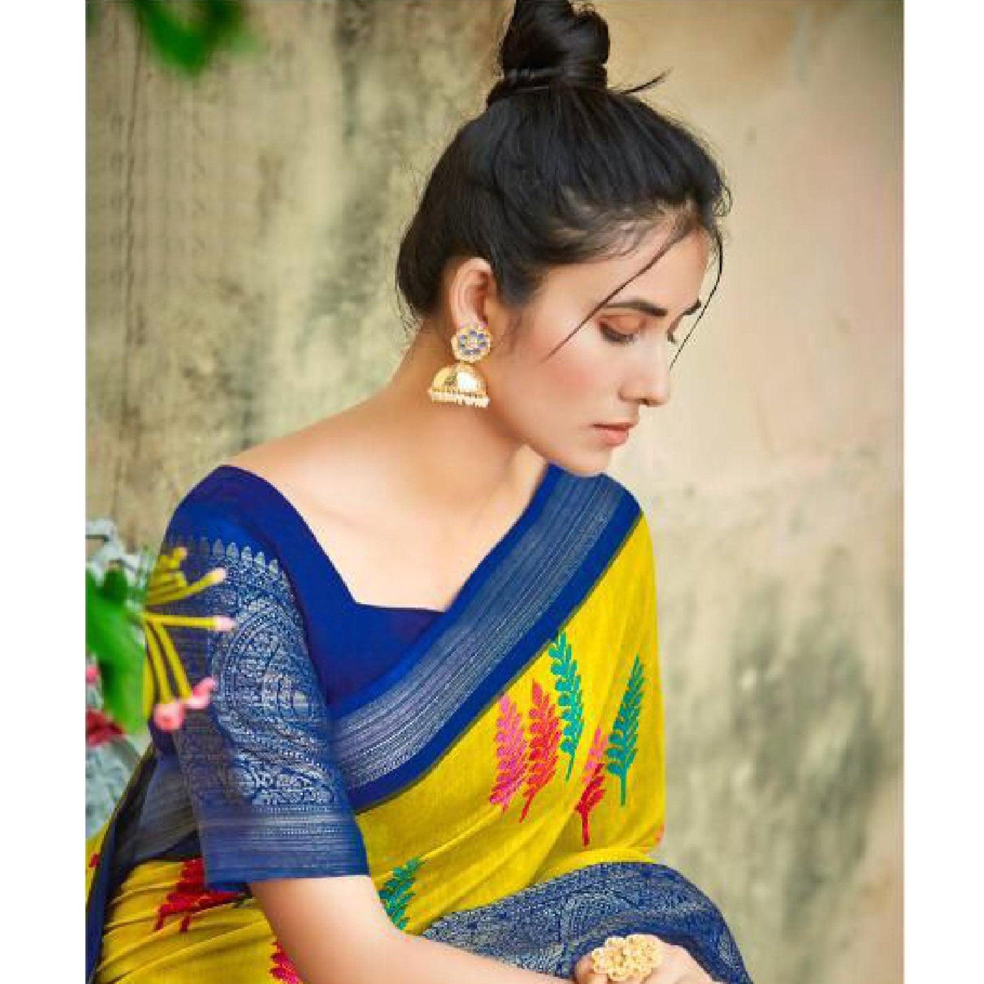 Yellow Festive Wear Printed Cotton Silk Saree With Woven Border - Peachmode
