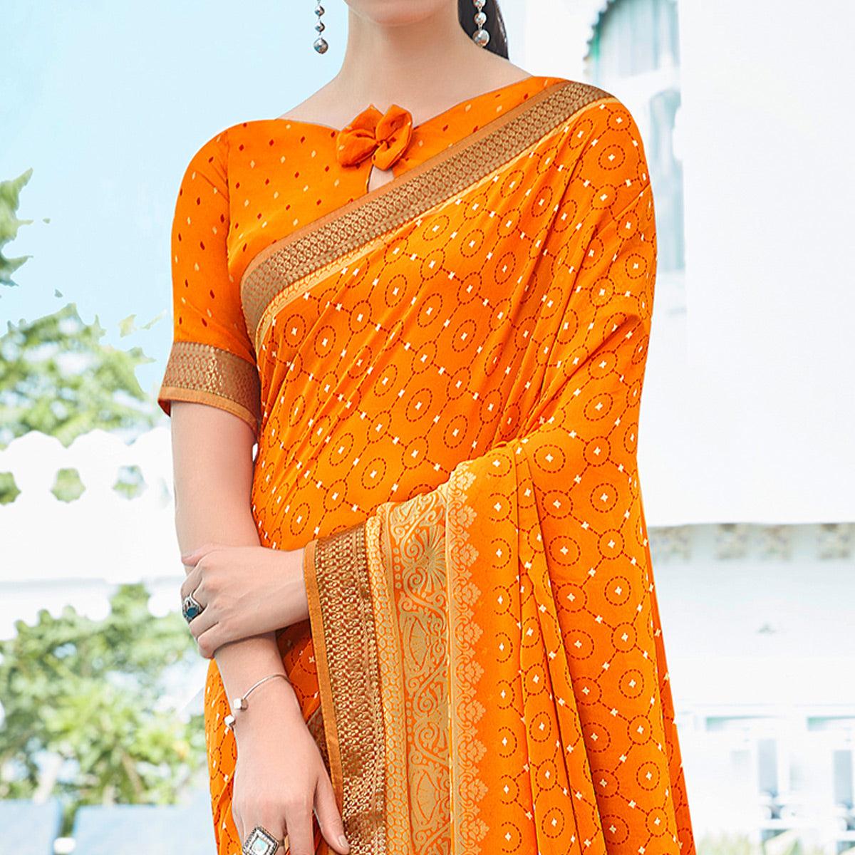 Yellow Festive Wear Printed Georgette Saree With Border - Peachmode