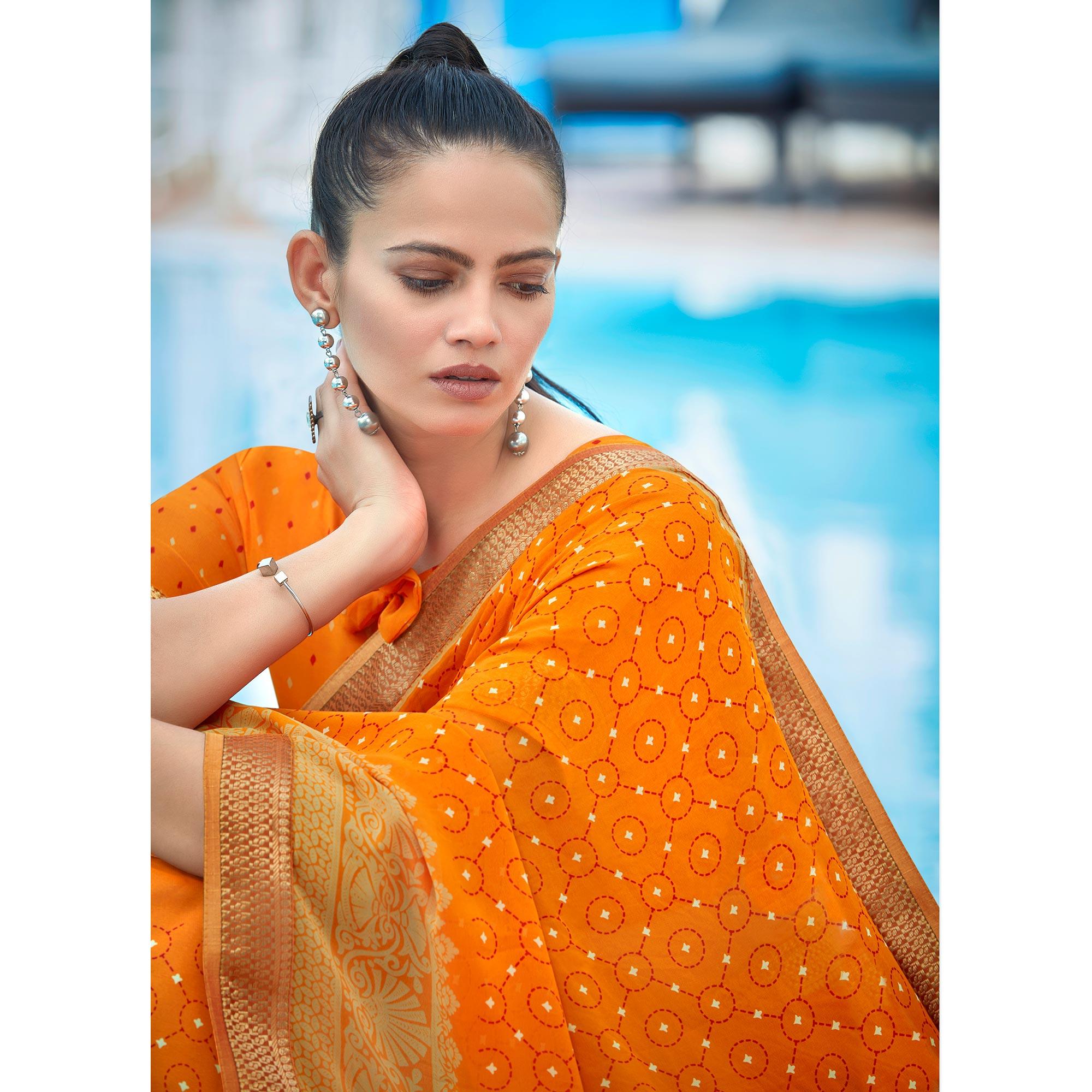 Yellow Festive Wear Printed Georgette Saree With Border - Peachmode